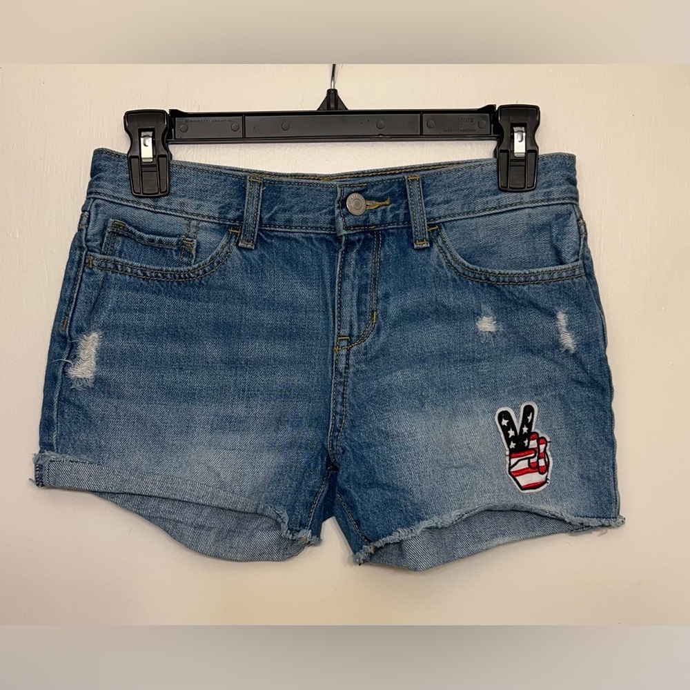 Old Navy Girls Distressed Jean Shorts with Peace Patch - Size 14